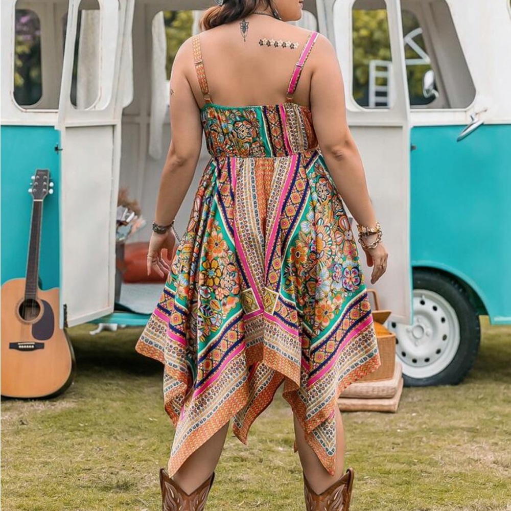 Boho Plus Size Scarf Print Asymmetrical Hi Low Hem Cami Dress Without Belt - Picture 3 of 8